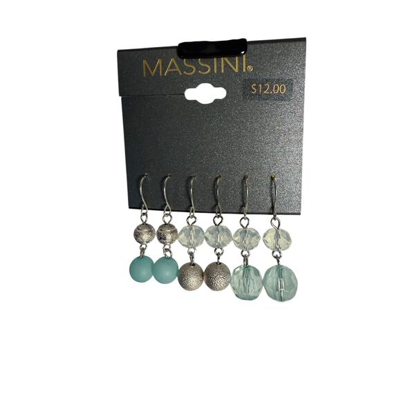 Massini Fashion Earrings Set of 3 Dangle Blue/Clear Jewel Silver Tone NWT - Picture 3 of 6
